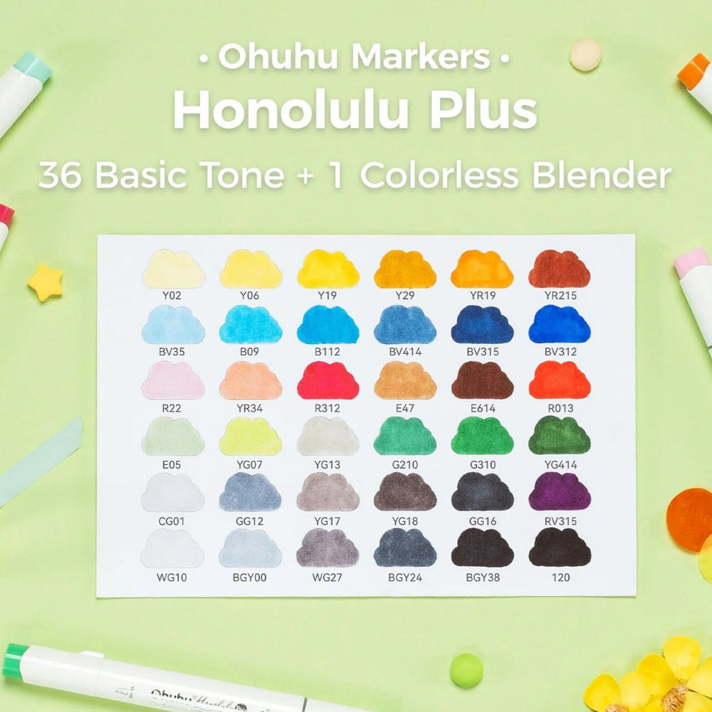 Ohuhu Honolulu Plus Series Supreme Rubber Brush Tip Markers - 36 Colors